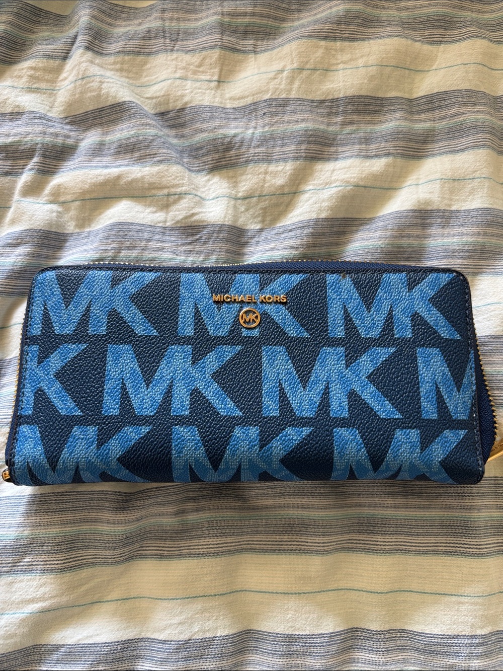 Michael Kors Navy and Light Blue MK Logo Continental Zip Wallet